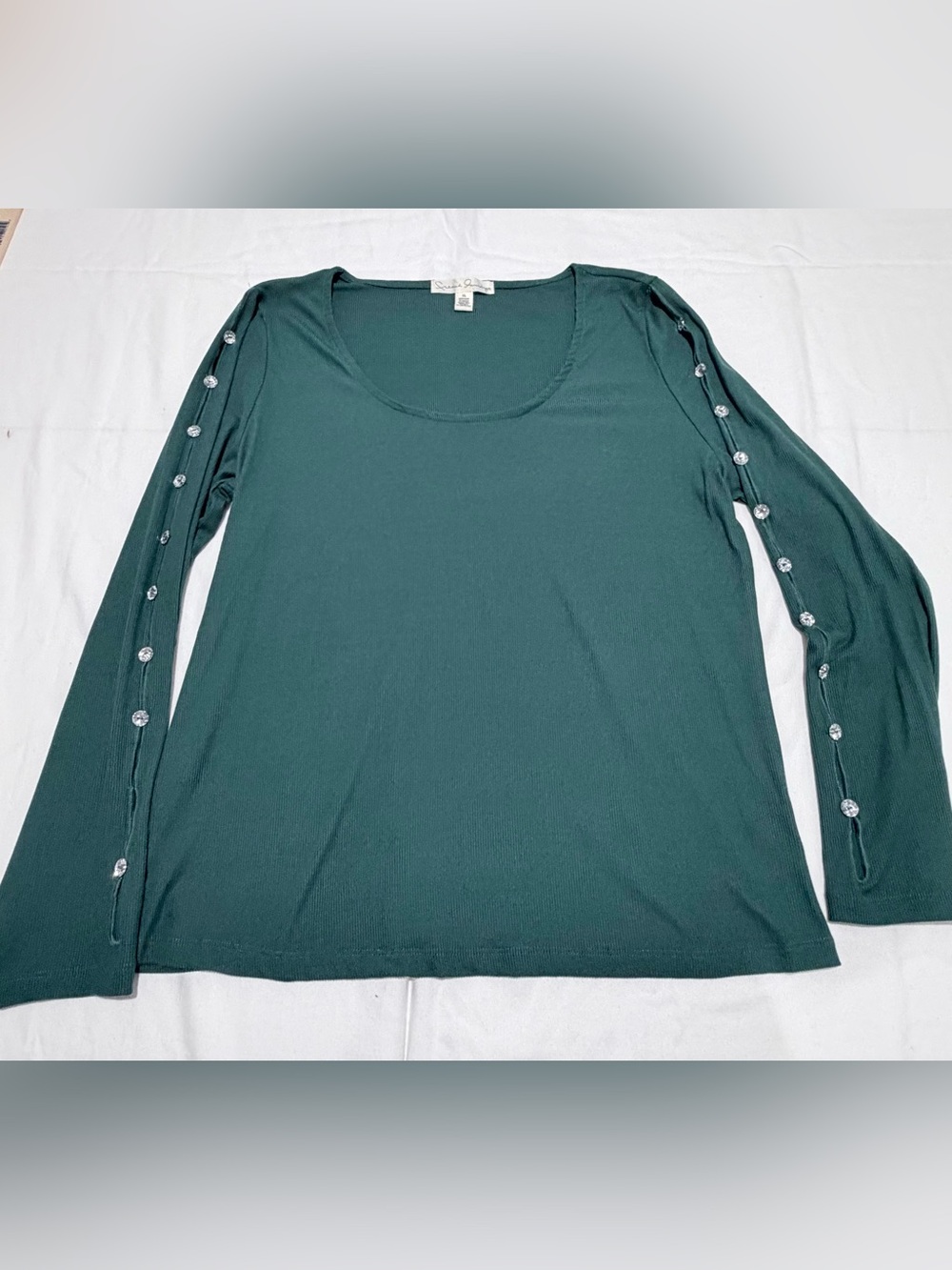 French Laundry Teal Green Rhinestone Sleeve Ribbed Top XL
